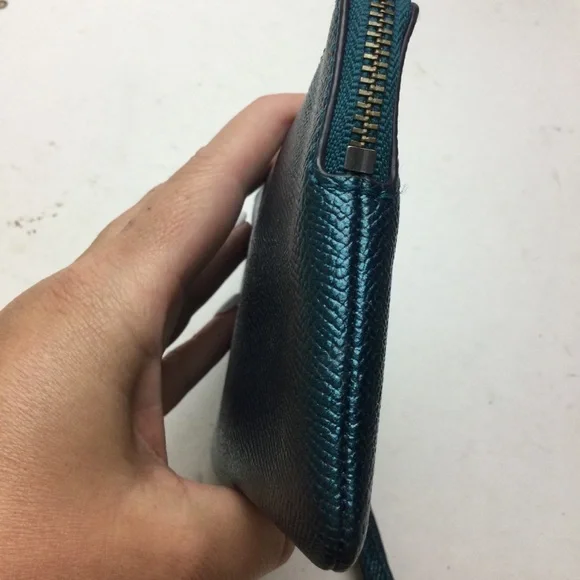Coach Metallic Dark Teal Leather Corner Zip Wristlet - Picture 3 of 10